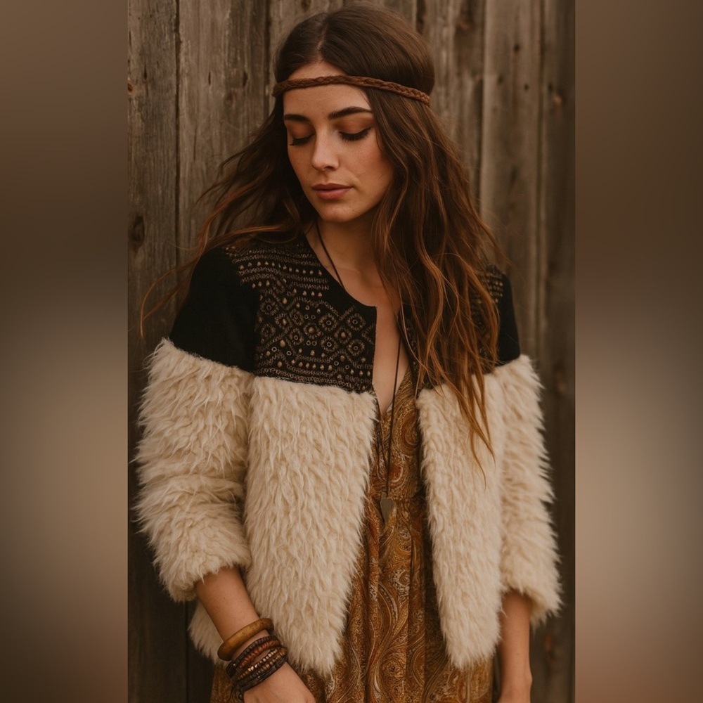 Vintage America Jonna Black and White Faux Fur Embellished Boho‎ Festival Jacket